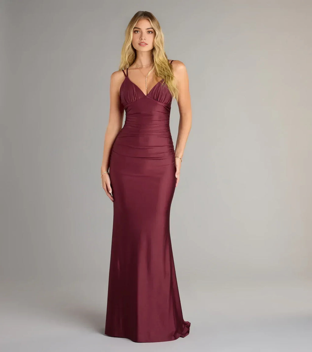 Chic Trumpet Plunge Neck Spaghetti Strap Lace Up Back Floor Length Prom Dress