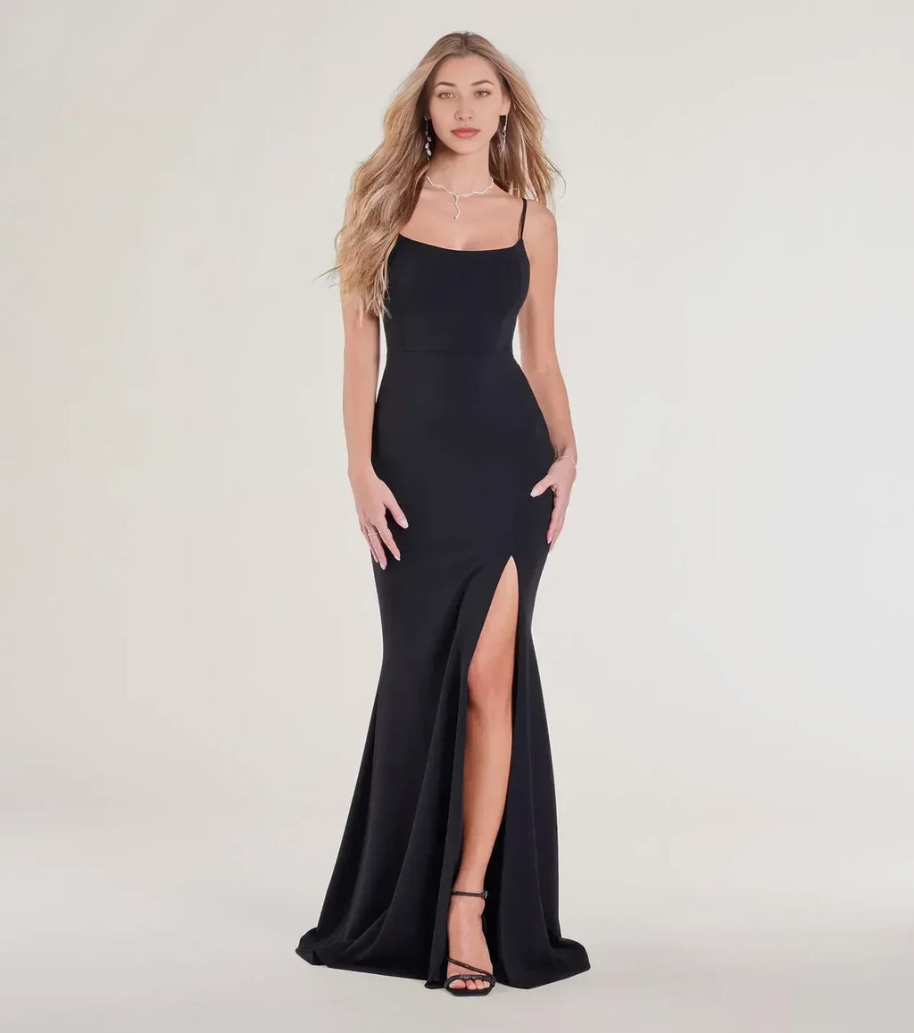 Chic Trumpet Square Neck Spaghetti Strap Lace Up Back Floor Length Prom Dress