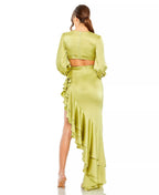Chic Two Piece A Line Deep V Neck Puff Sleeve Cutout Back Asymmetrical Length For Women Prom Dress