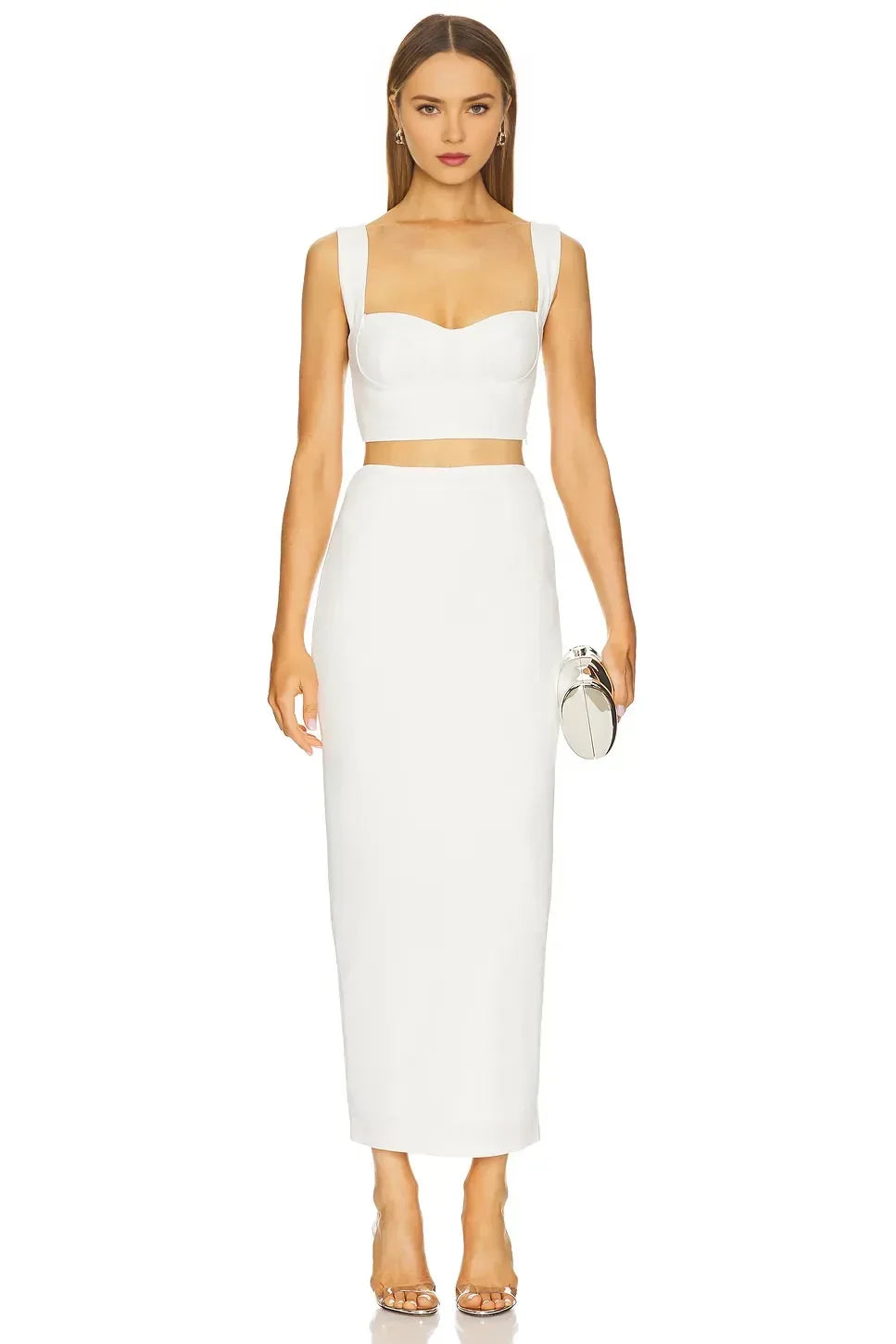 Chic Two Piece Square Neck Sleeveless Back Slit Midi Length Evening Dress