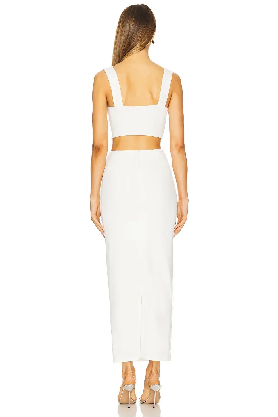 Chic Two Piece Square Neck Sleeveless Back Slit Midi Length Evening Dress