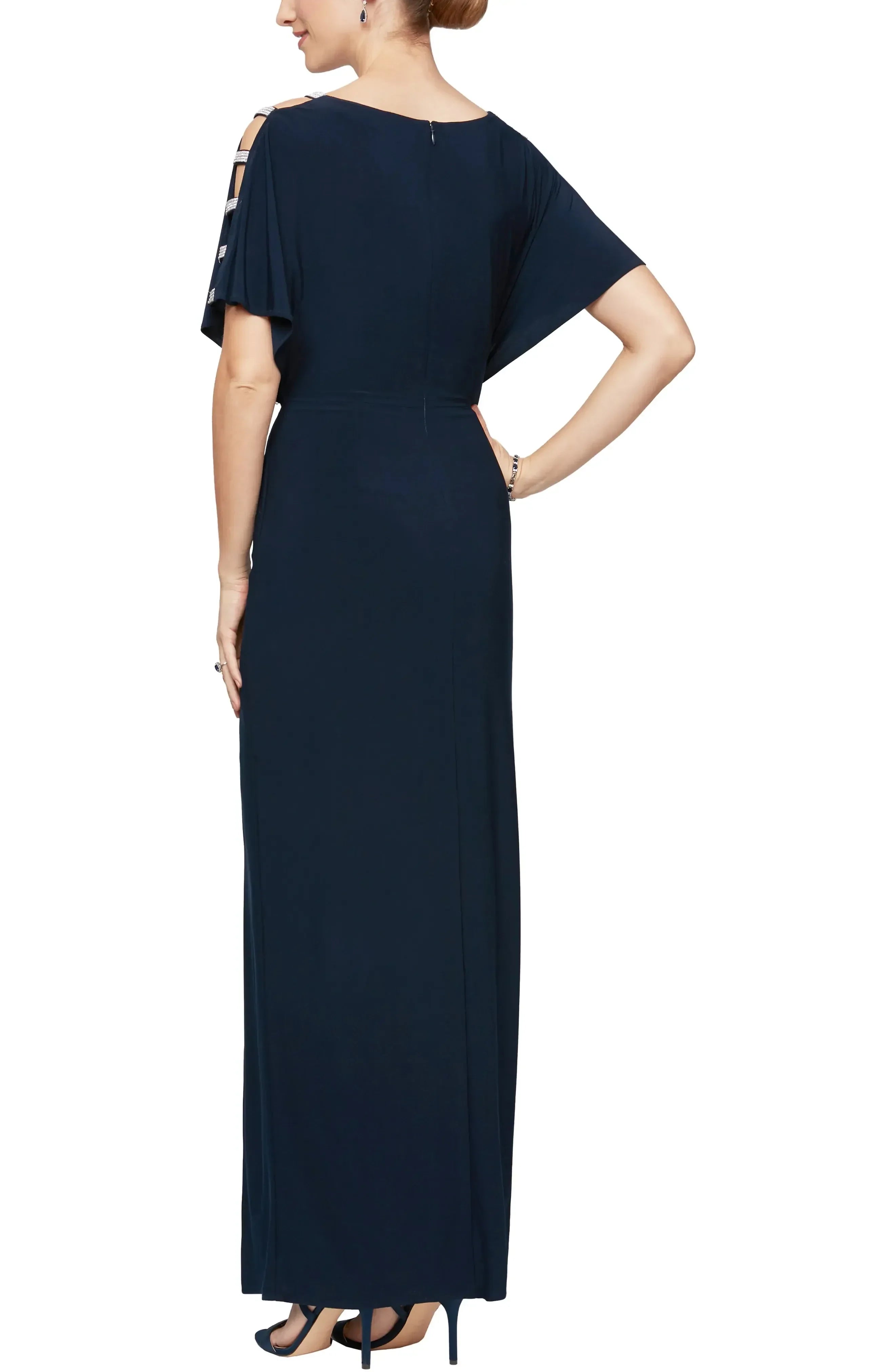 Chic V Neck Short Sleeve Cut Out Shoulder Floor Length Evening Dress