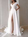Chic A-Line V-Neck Cap Sleeve Cutout Slit White Train Prom Dress With Pocket For Lady
