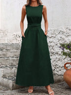 Chic A-Line Crew Neck Sleeveless Belted Emerald Green Maxi Prom Dress With Pocket Ready to Ship