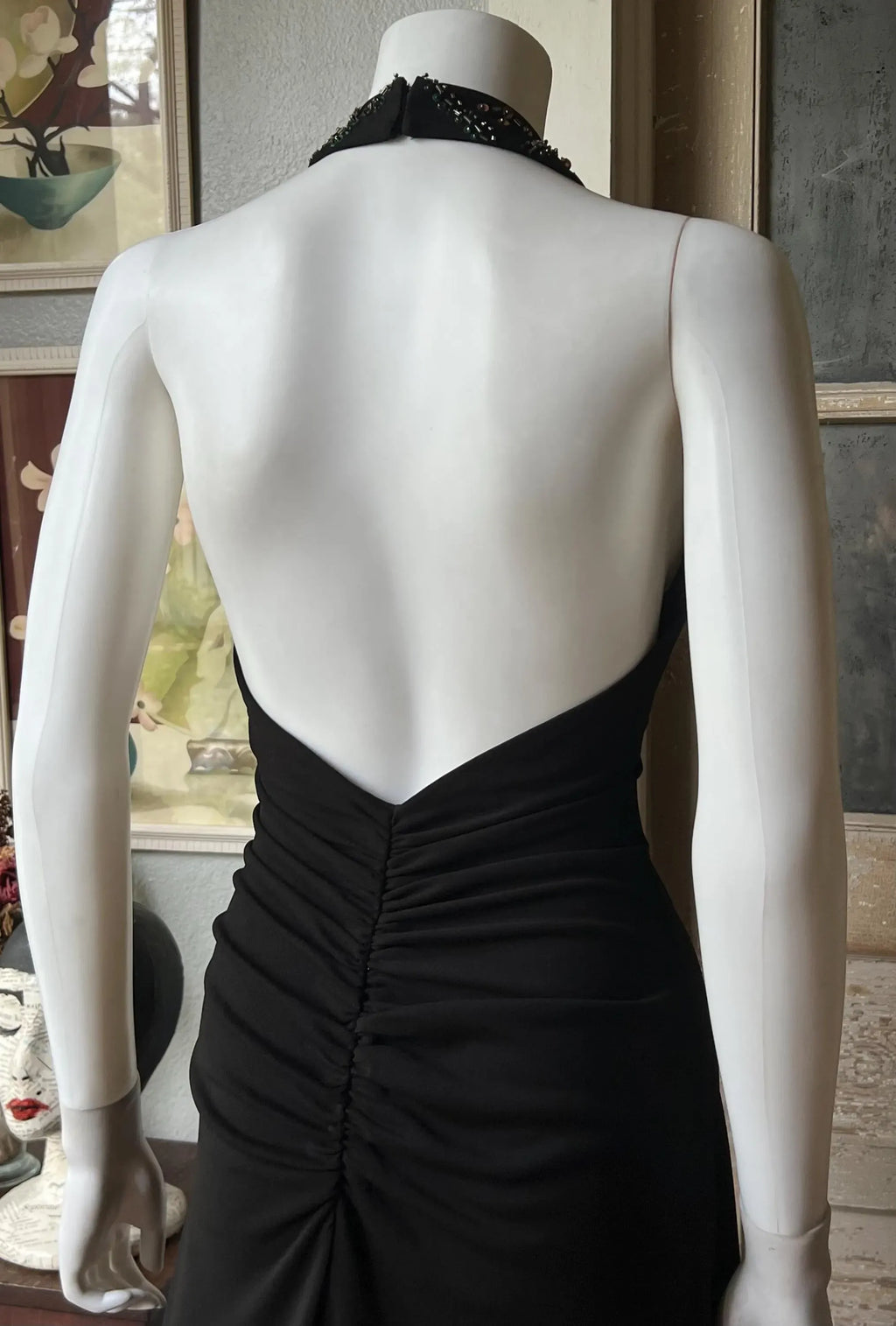 Prom Dress Beaded Halter Neck A Line Silhouette Open Back Ruched Floor Length Black For Prom Goers