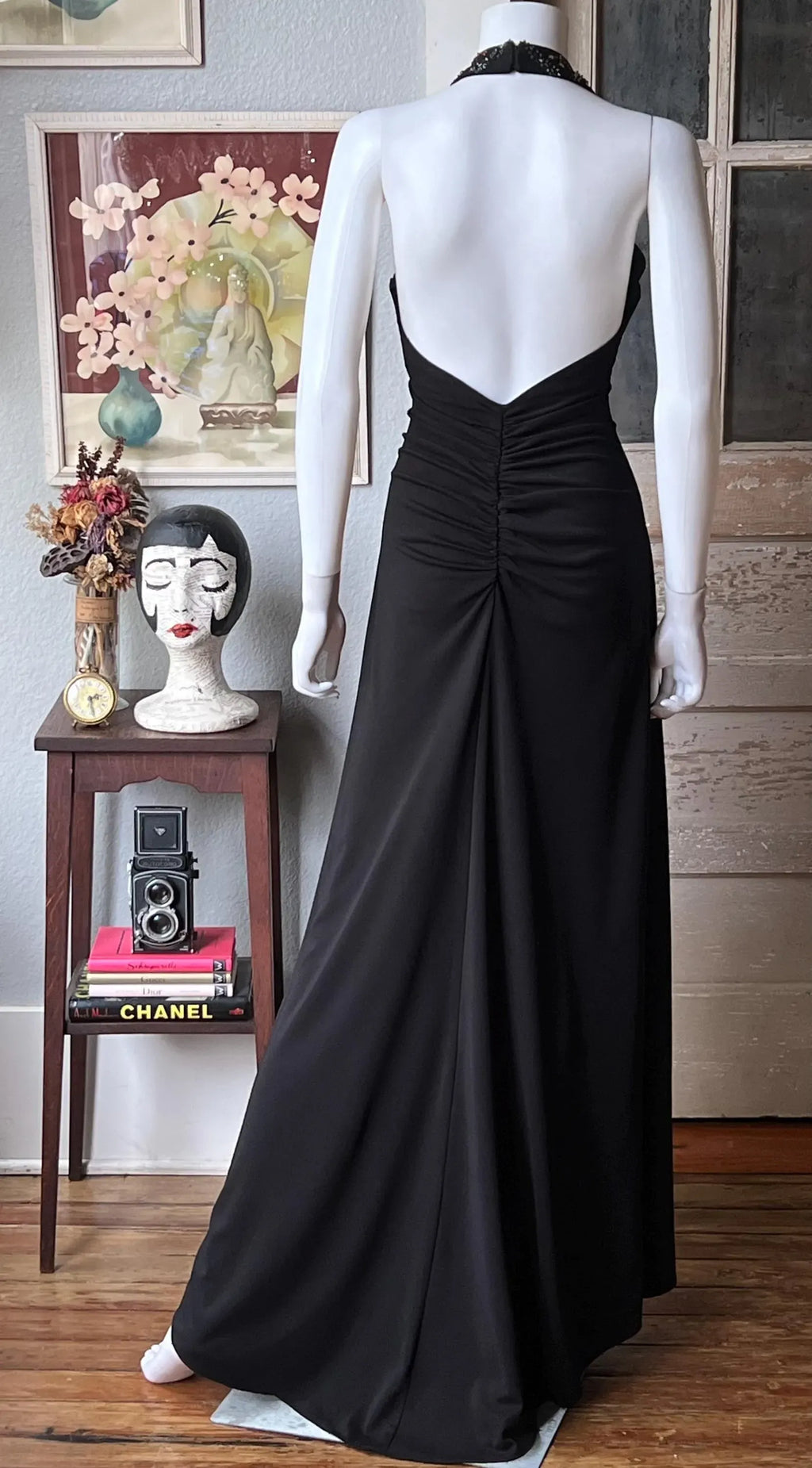 Prom Dress Beaded Halter Neck A Line Silhouette Open Back Ruched Floor Length Black For Prom Goers