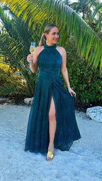 A-Line Halter Neck Sleeveless Zipper Up Sweep/Brush Train Prom Dress