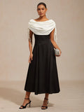 Chic A-Line Off-Shoulder Sleeveless Draped Black White Midi Prom Dress for Women Ready to Ship