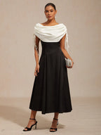 Chic A-Line Off-Shoulder Sleeveless Draped Black White Midi Prom Dress for Women Ready to Ship