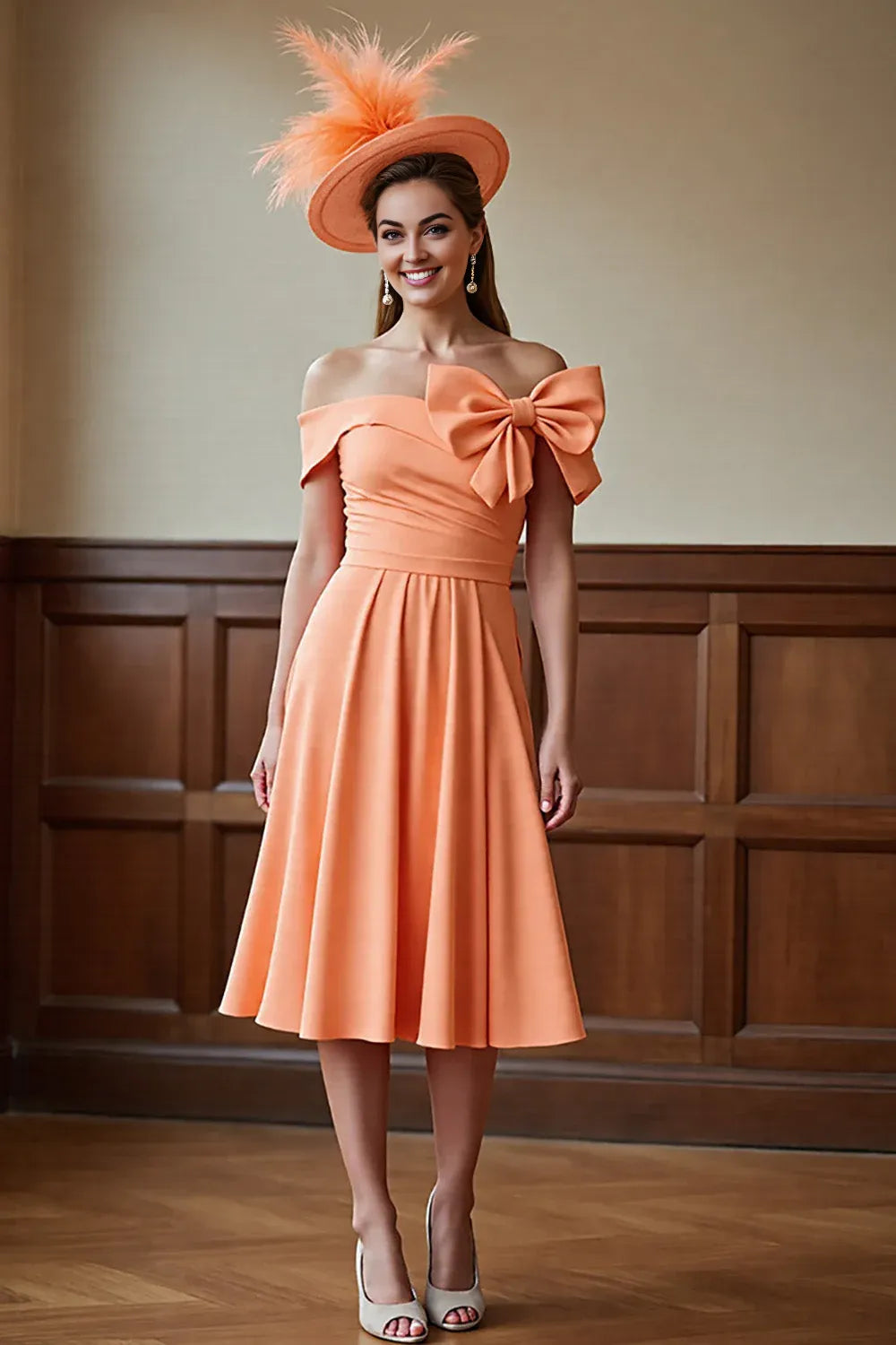 A-Line Off the Shoulder Cap Sleeve Zipper Up Tea-Length Mother of the Bride Dress