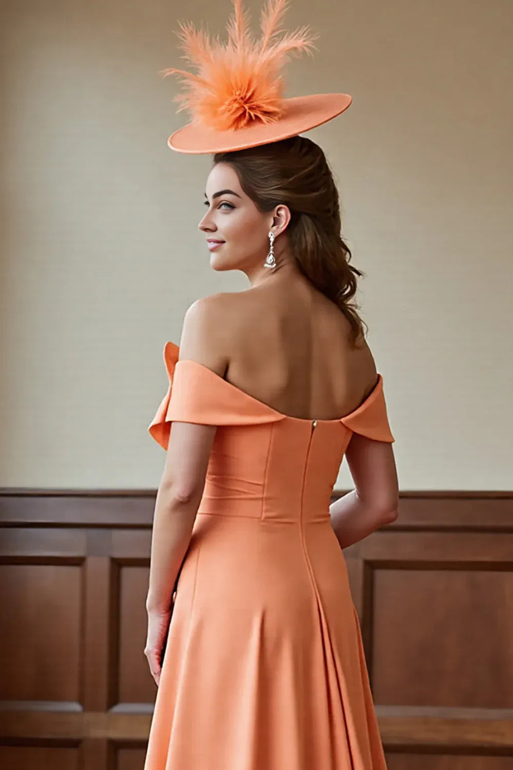A-Line Off the Shoulder Cap Sleeve Zipper Up Tea-Length Mother of the Bride Dress