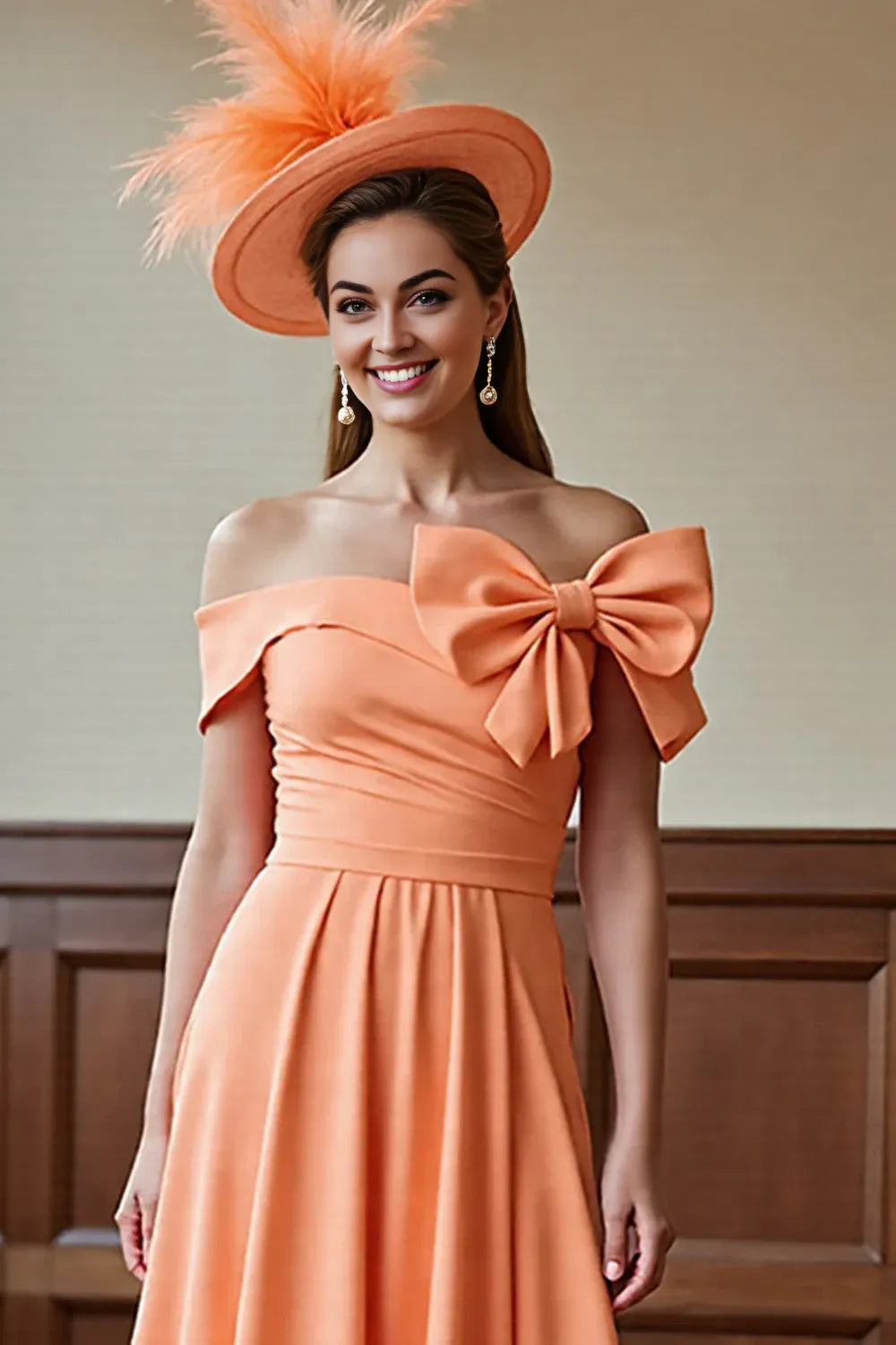 A-Line Off the Shoulder Cap Sleeve Zipper Up Tea-Length Mother of the Bride Dress