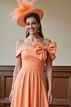 A-Line Off the Shoulder Cap Sleeve Zipper Up Tea-Length Mother of the Bride Dress