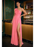 Chic A-Line One-Shoulder Bow Coral Slit Floor Length Prom Dress Hot Sale