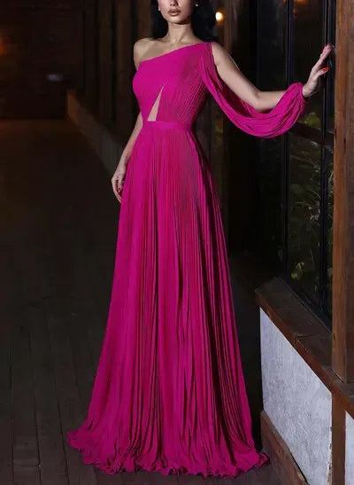 One Shoulder Pleated Chiffon Prom Dress In Fuchsia A Line Gown With Keyhole Detail For Prom Queens