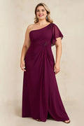 A-Line One Shoulder Flutter Sleeve Zipper Up Floor-Length Plus Size Mother of the Bride Dress