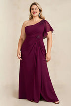 A-Line One Shoulder Flutter Sleeve Zipper Up Floor-Length Plus Size Mother of the Bride Dress