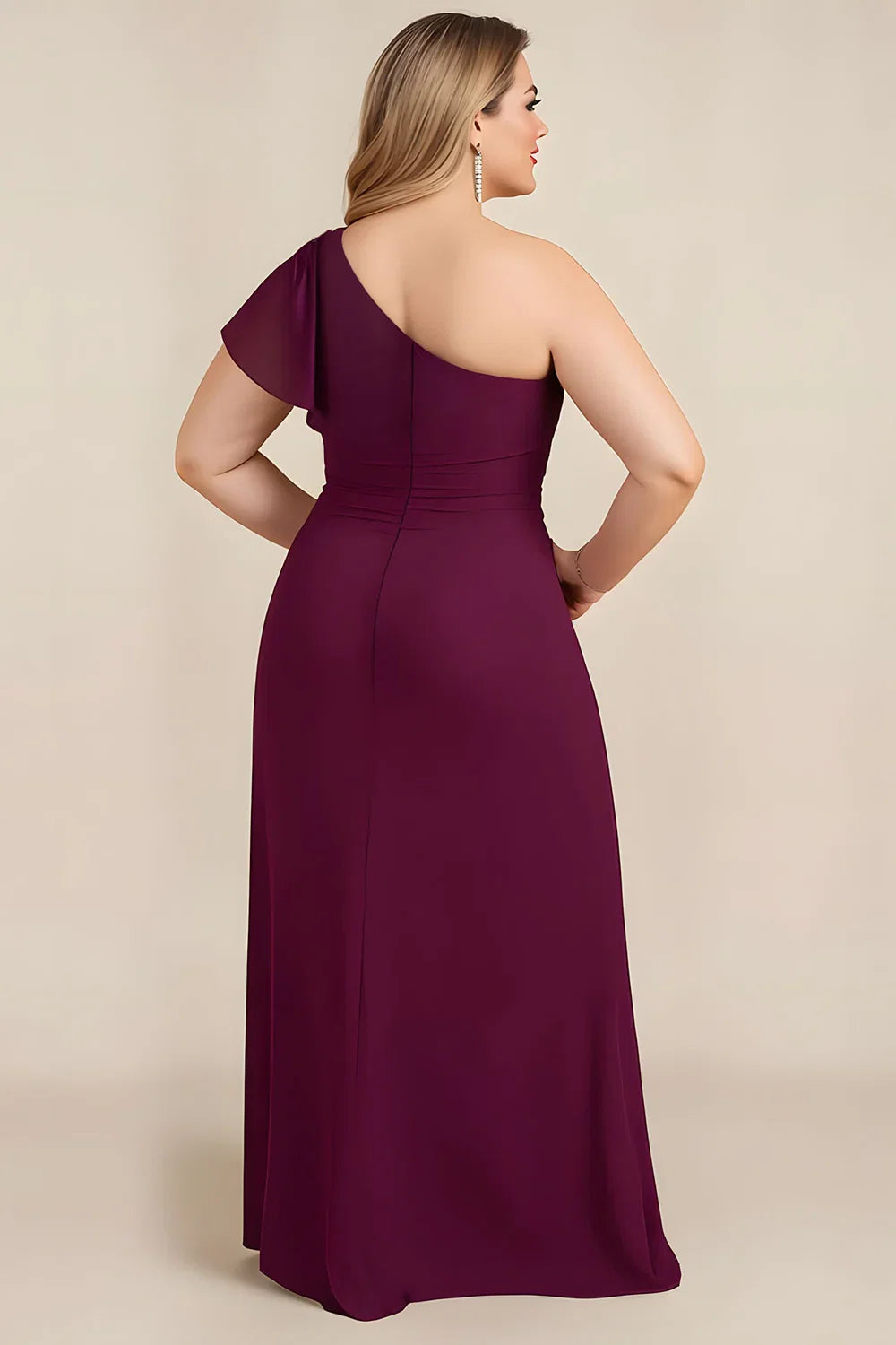 A-Line One Shoulder Flutter Sleeve Zipper Up Floor-Length Plus Size Mother of the Bride Dress