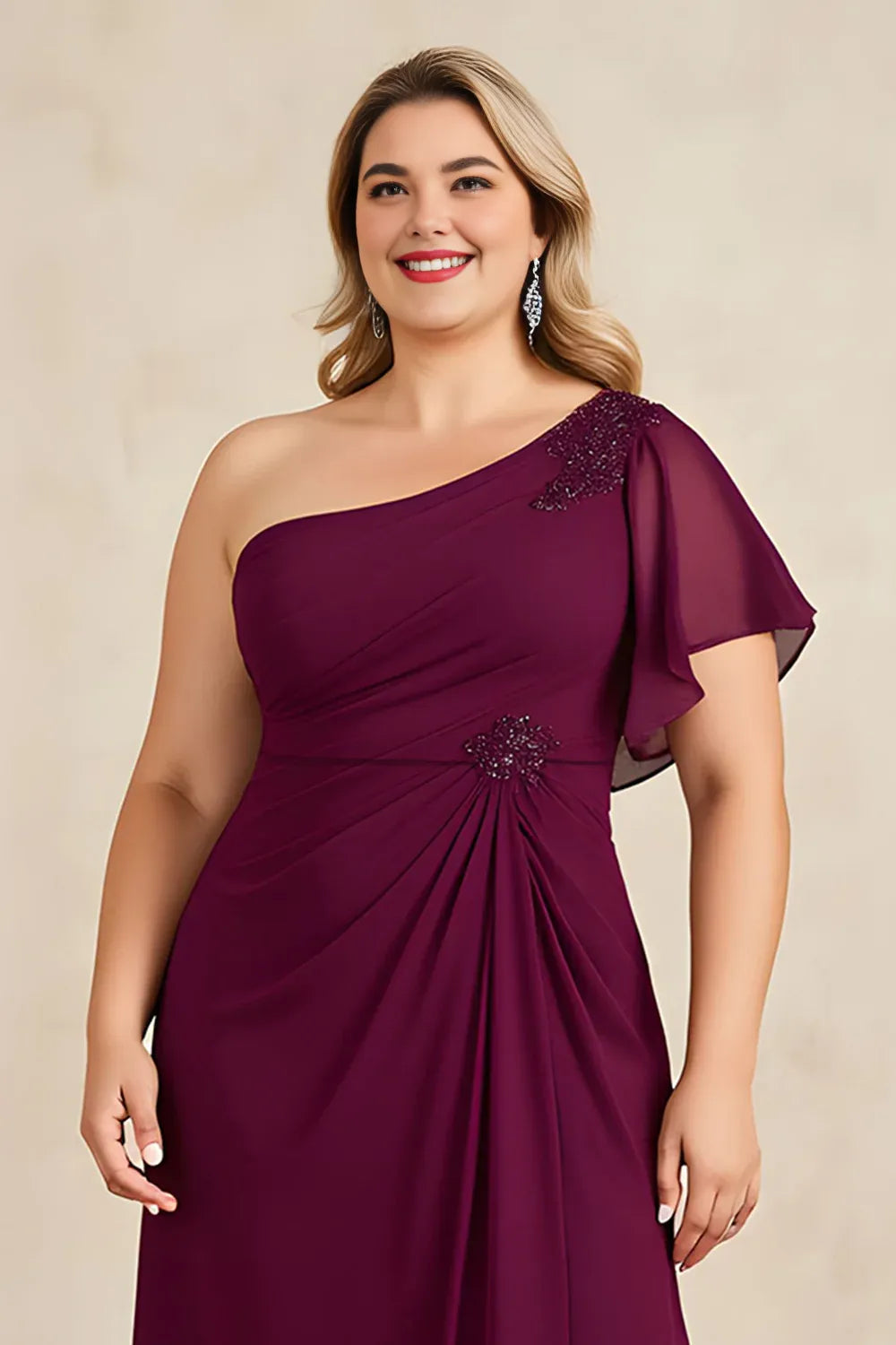 A-Line One Shoulder Flutter Sleeve Zipper Up Floor-Length Plus Size Mother of the Bride Dress