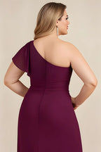 A-Line One Shoulder Flutter Sleeve Zipper Up Floor-Length Plus Size Mother of the Bride Dress