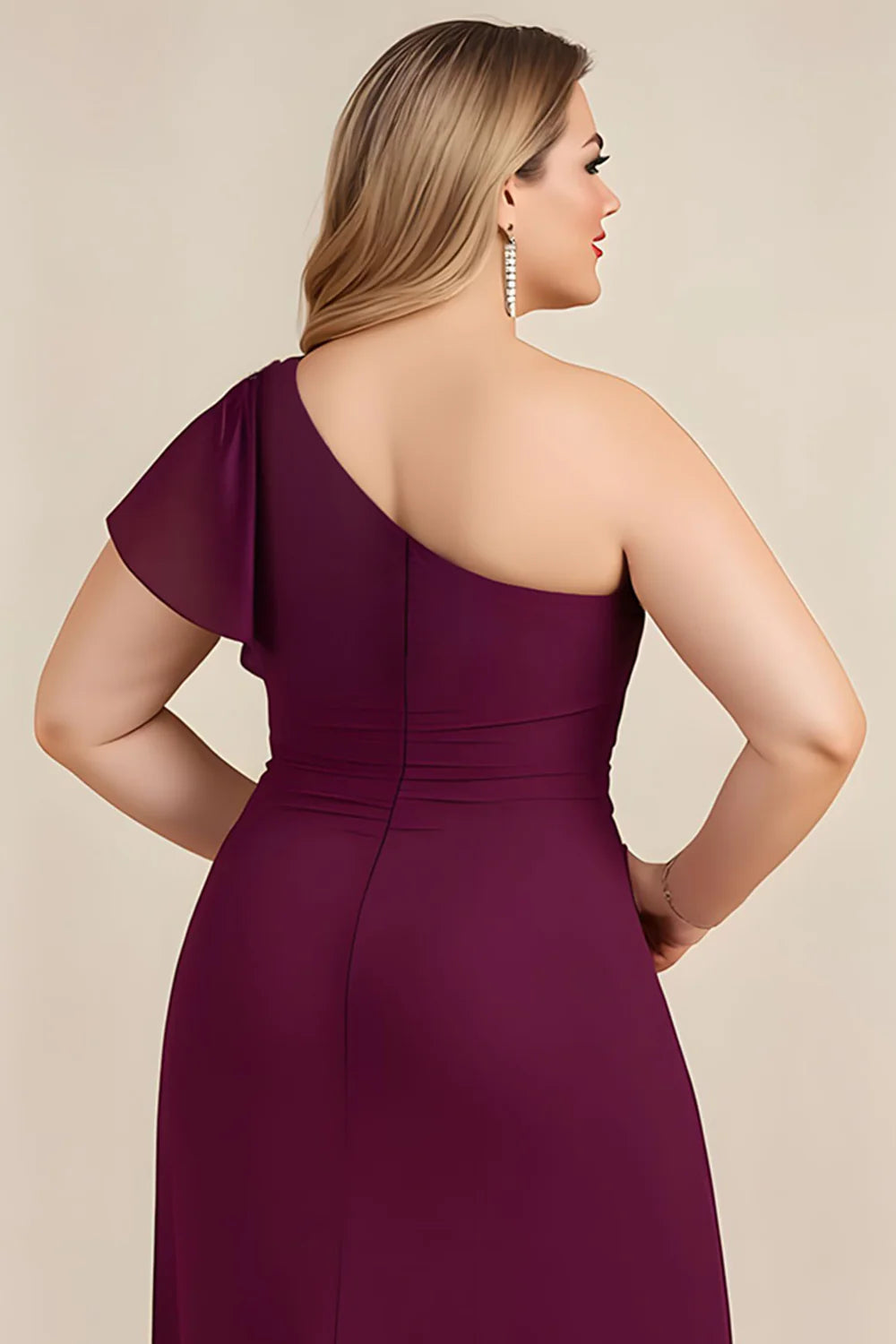 A-Line One Shoulder Flutter Sleeve Zipper Up Floor-Length Plus Size Mother of the Bride Dress