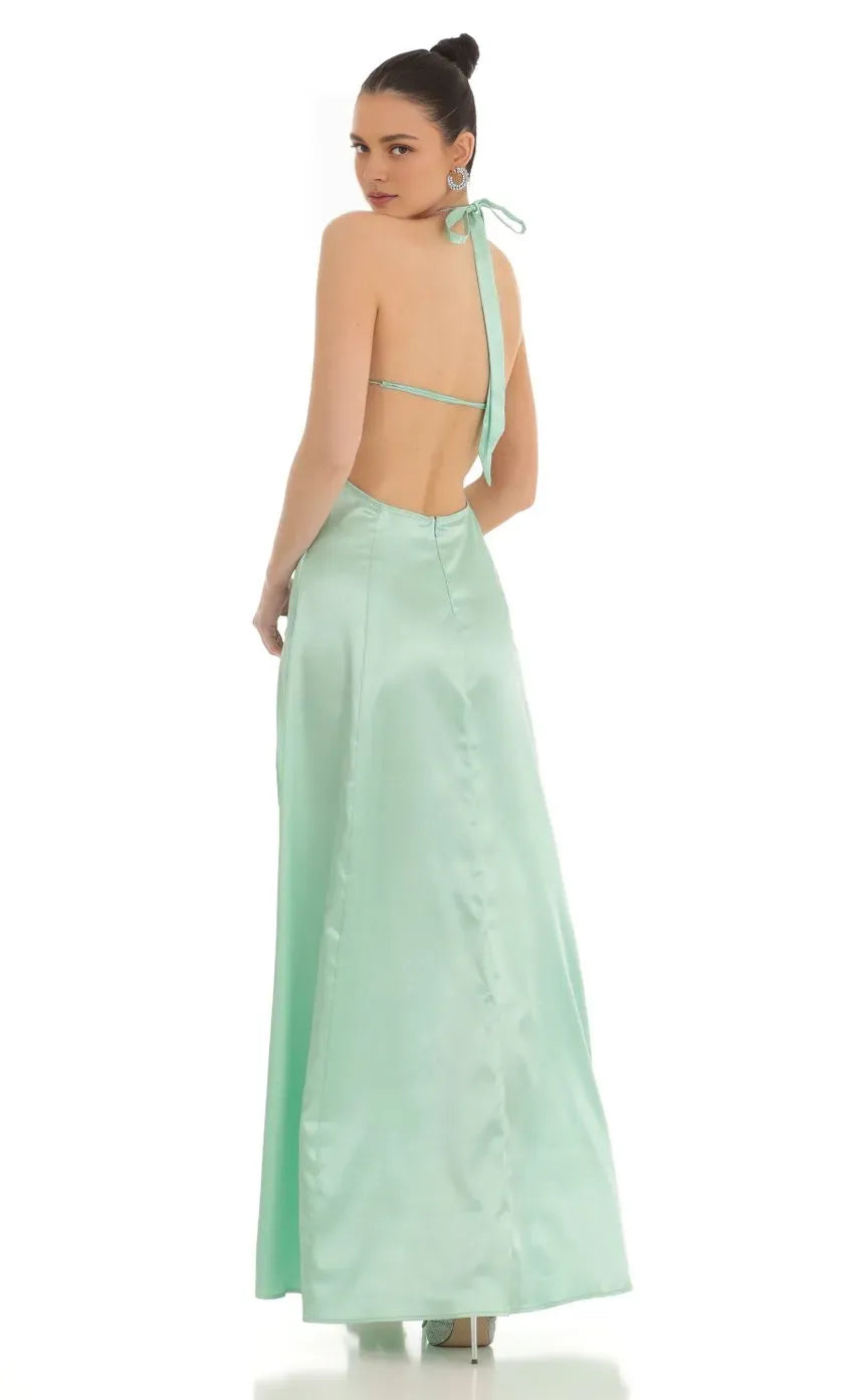 A-Line/Princess Halter Neck Sleeveless Backless Floor-Length Prom Dress