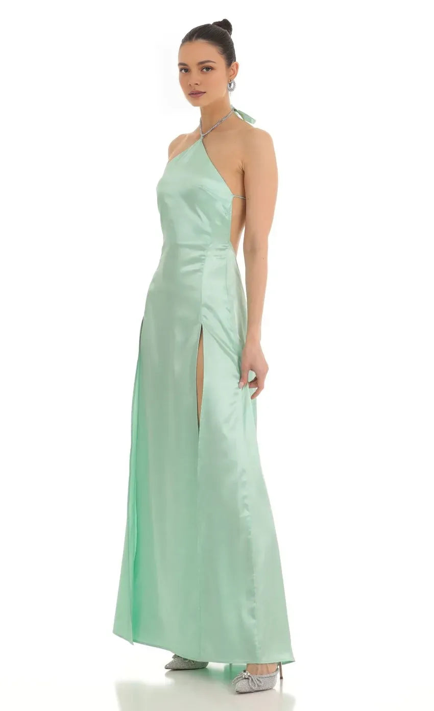A-Line/Princess Halter Neck Sleeveless Backless Floor-Length Prom Dress
