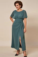 A-Line Scoop Neck Short Sleeves Keyhole Ankle-Length Mother of the Bride Dress