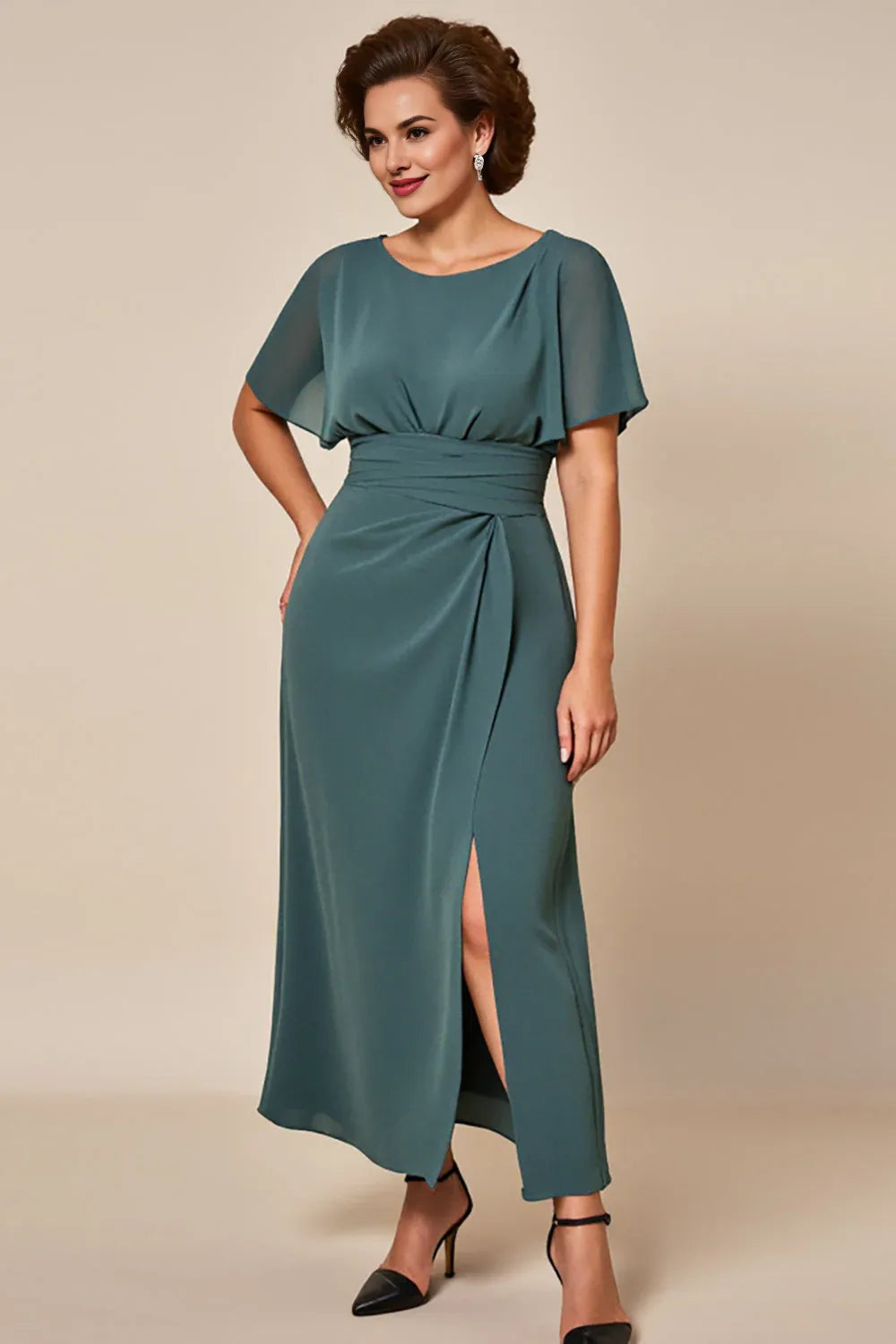 A-Line Scoop Neck Short Sleeves Keyhole Ankle-Length Mother of the Bride Dress
