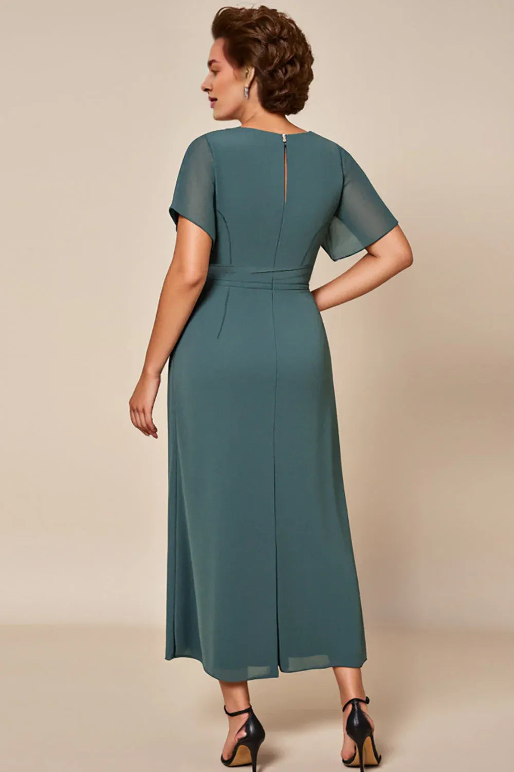 A-Line Scoop Neck Short Sleeves Keyhole Ankle-Length Mother of the Bride Dress