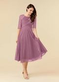 A-Line Scoop Neck Three-Quarter Sleeve Back Zip Tea-Length Mother of the Bride Dress