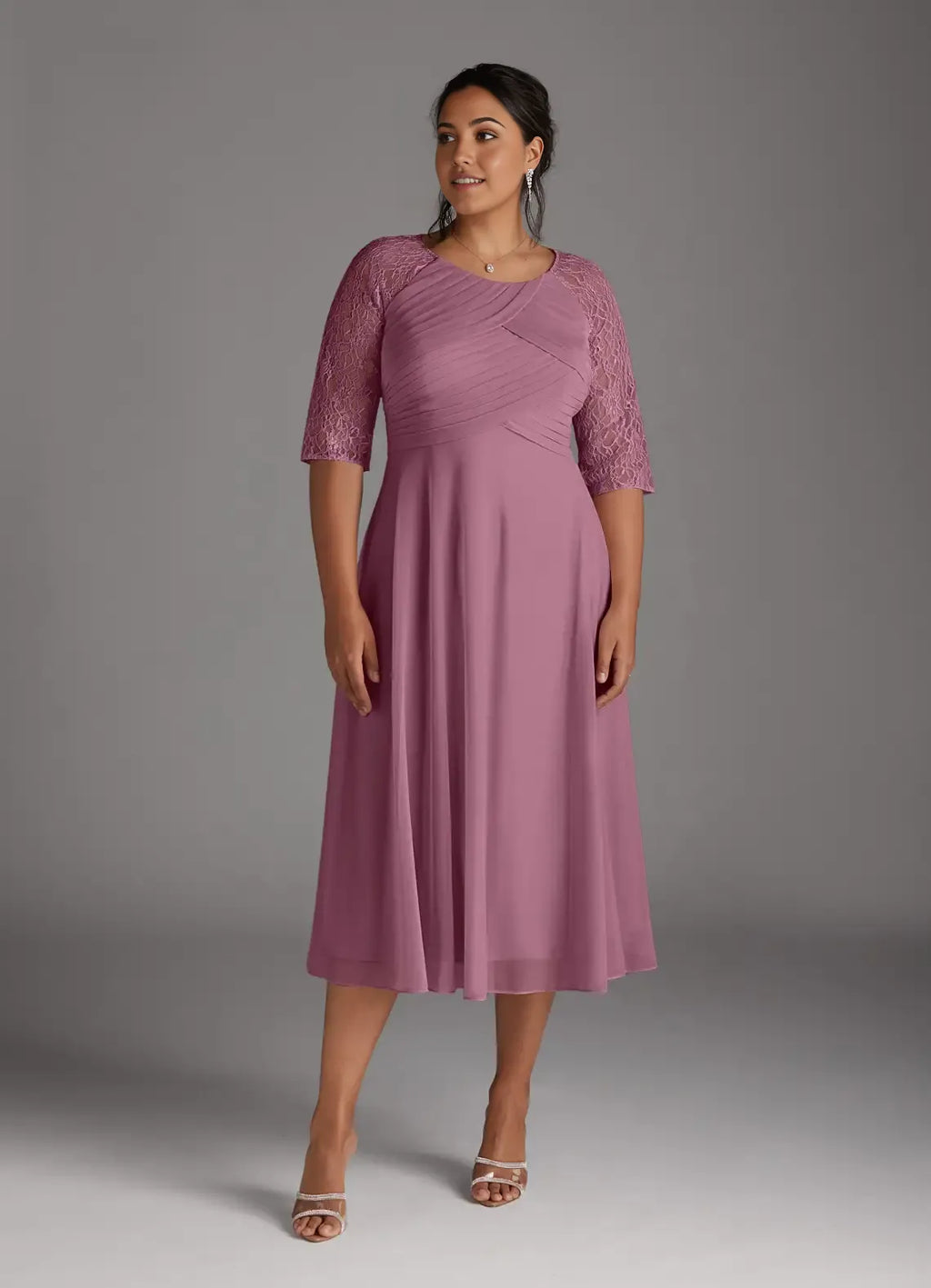 A-Line Scoop Neck Three-Quarter Sleeve Back Zip Tea-Length Plus Size Mother of the Bride Dress