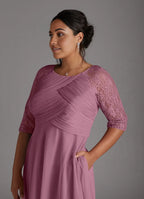 A-Line Scoop Neck Three-Quarter Sleeve Back Zip Tea-Length Plus Size Mother of the Bride Dress