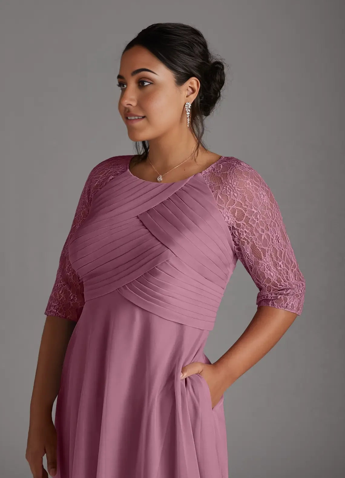 A-Line Scoop Neck Three-Quarter Sleeve Back Zip Tea-Length Plus Size Mother of the Bride Dress