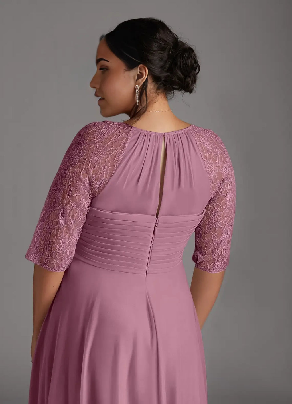 A-Line Scoop Neck Three-Quarter Sleeve Back Zip Tea-Length Plus Size Mother of the Bride Dress