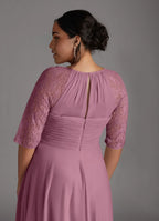 A-Line Scoop Neck Three-Quarter Sleeve Back Zip Tea-Length Plus Size Mother of the Bride Dress