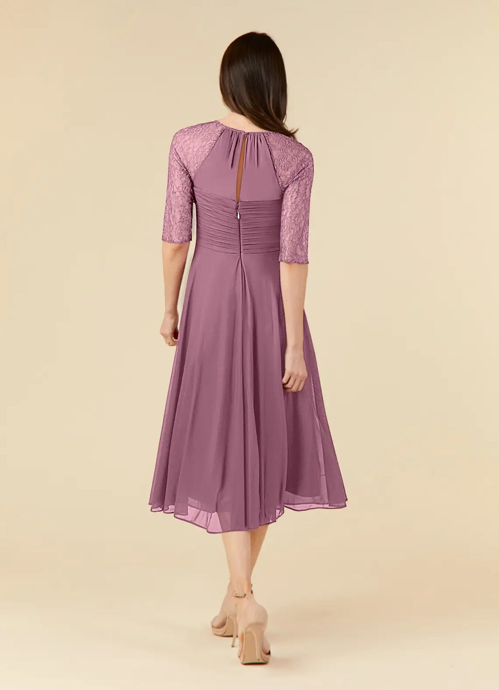 A-Line Scoop Neck Three-Quarter Sleeve Back Zip Tea-Length Mother of the Bride Dress