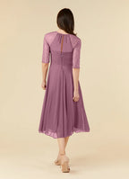 A-Line Scoop Neck Three-Quarter Sleeve Back Zip Tea-Length Mother of the Bride Dress