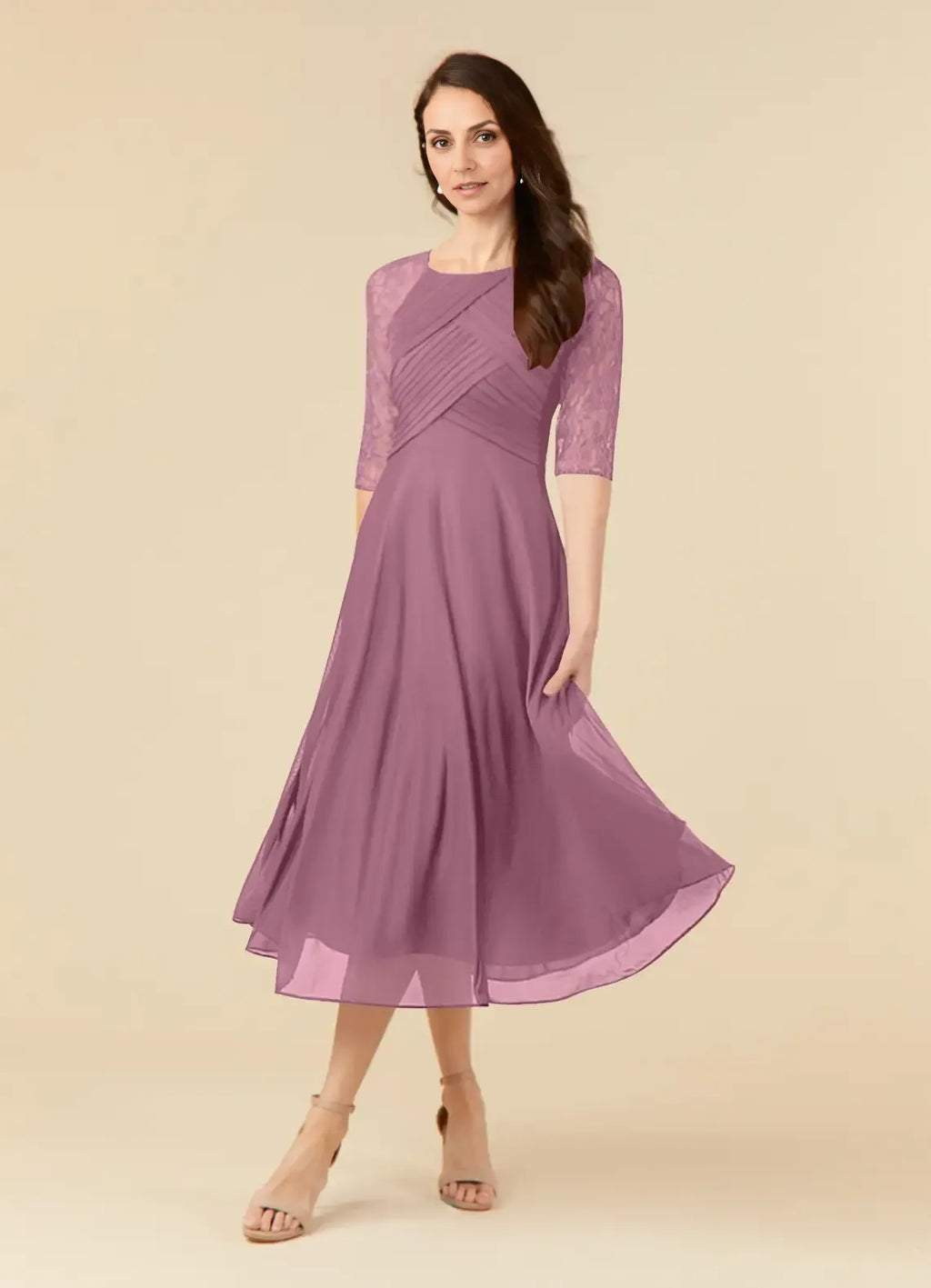 A-Line Scoop Neck Three-Quarter Sleeve Back Zip Tea-Length Mother of the Bride Dress