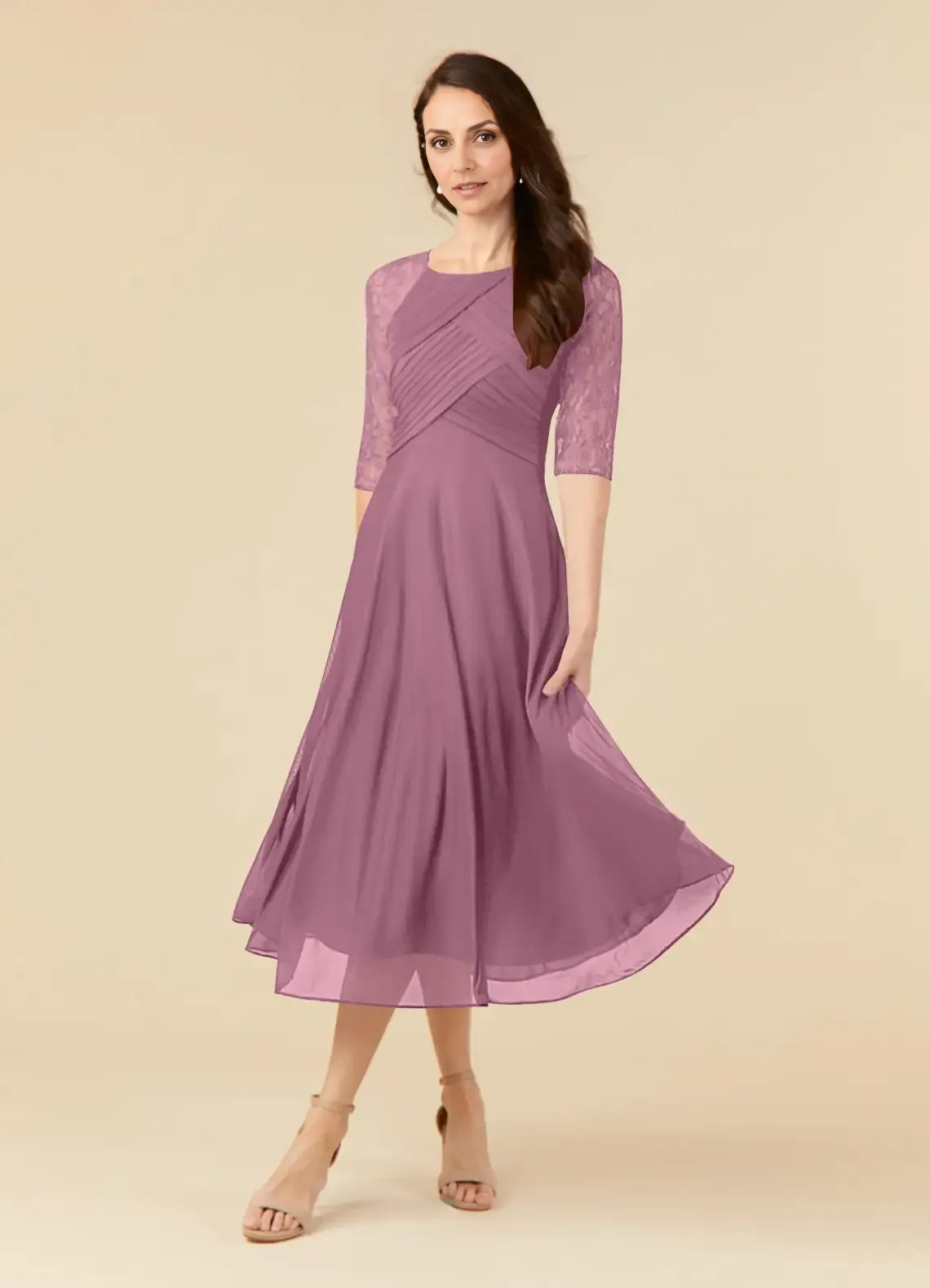 A-Line Scoop Neck Three-Quarter Sleeve Back Zip Tea-Length Mother of the Bride Dress