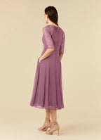 A-Line Scoop Neck Three-Quarter Sleeve Back Zip Tea-Length Mother of the Bride Dress