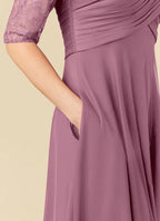 A-Line Scoop Neck Three-Quarter Sleeve Back Zip Tea-Length Mother of the Bride Dress