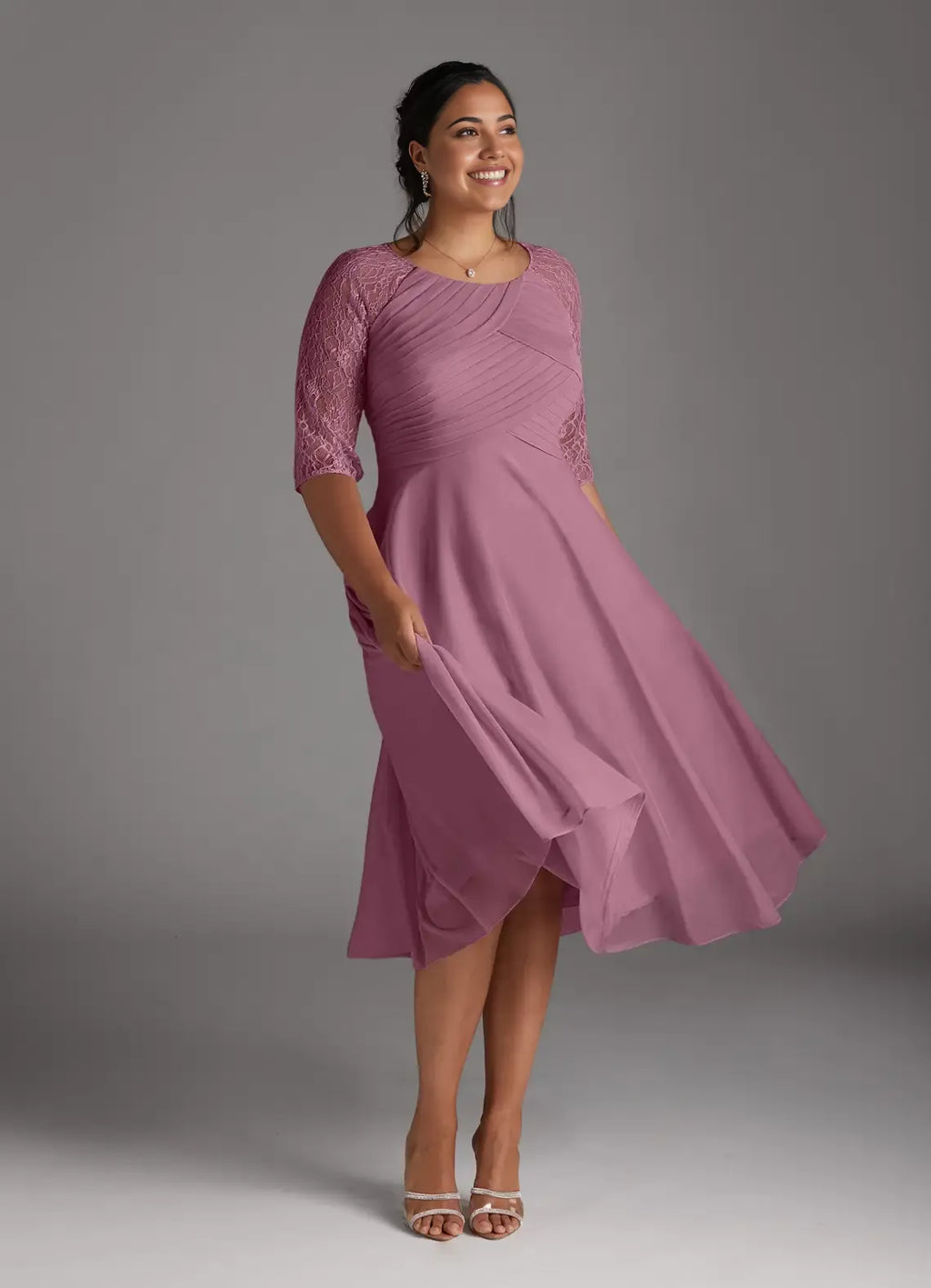 A-Line Scoop Neck Three-Quarter Sleeve Back Zip Tea-Length Plus Size Mother of the Bride Dress