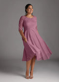 A-Line Scoop Neck Three-Quarter Sleeve Back Zip Tea-Length Plus Size Mother of the Bride Dress