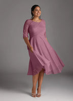 A-Line Scoop Neck Three-Quarter Sleeve Back Zip Tea-Length Plus Size Mother of the Bride Dress