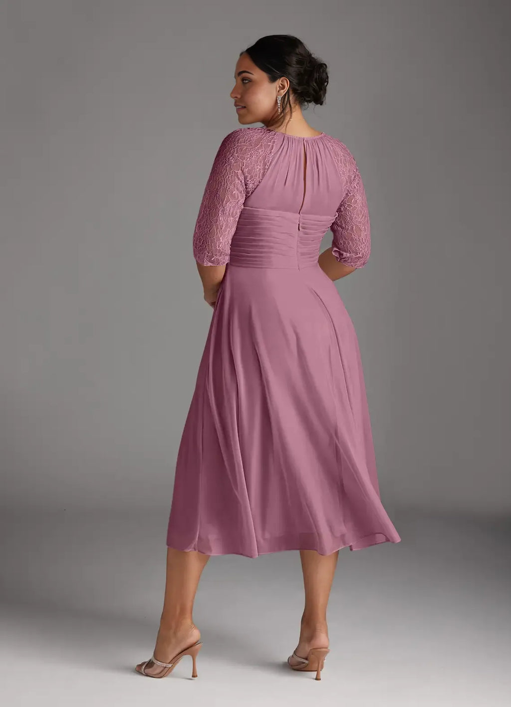 A-Line Scoop Neck Three-Quarter Sleeve Back Zip Tea-Length Plus Size Mother of the Bride Dress