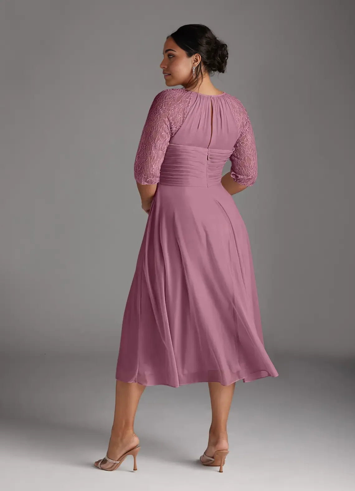 A-Line Scoop Neck Three-Quarter Sleeve Back Zip Tea-Length Plus Size Mother of the Bride Dress