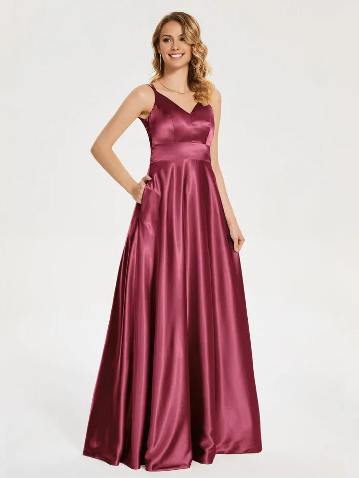 A-Line Spaghetti Straps Sleeveless Zipper Up Floor-Length Prom Dress