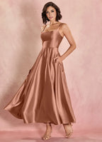A-Line Square Neck Sleeveless Lace-Up Ankle-Length Evening Dress
