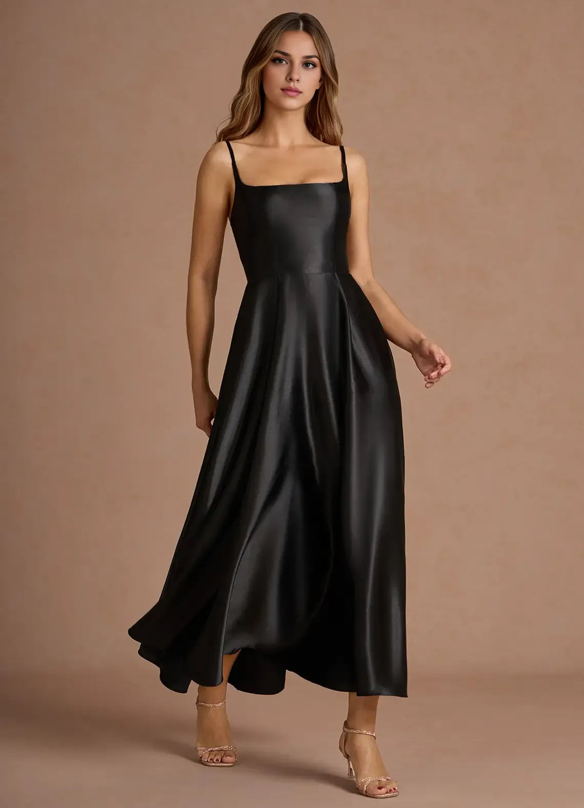 A-Line Square Neck Sleeveless Lace-Up Ankle-Length Evening Dress